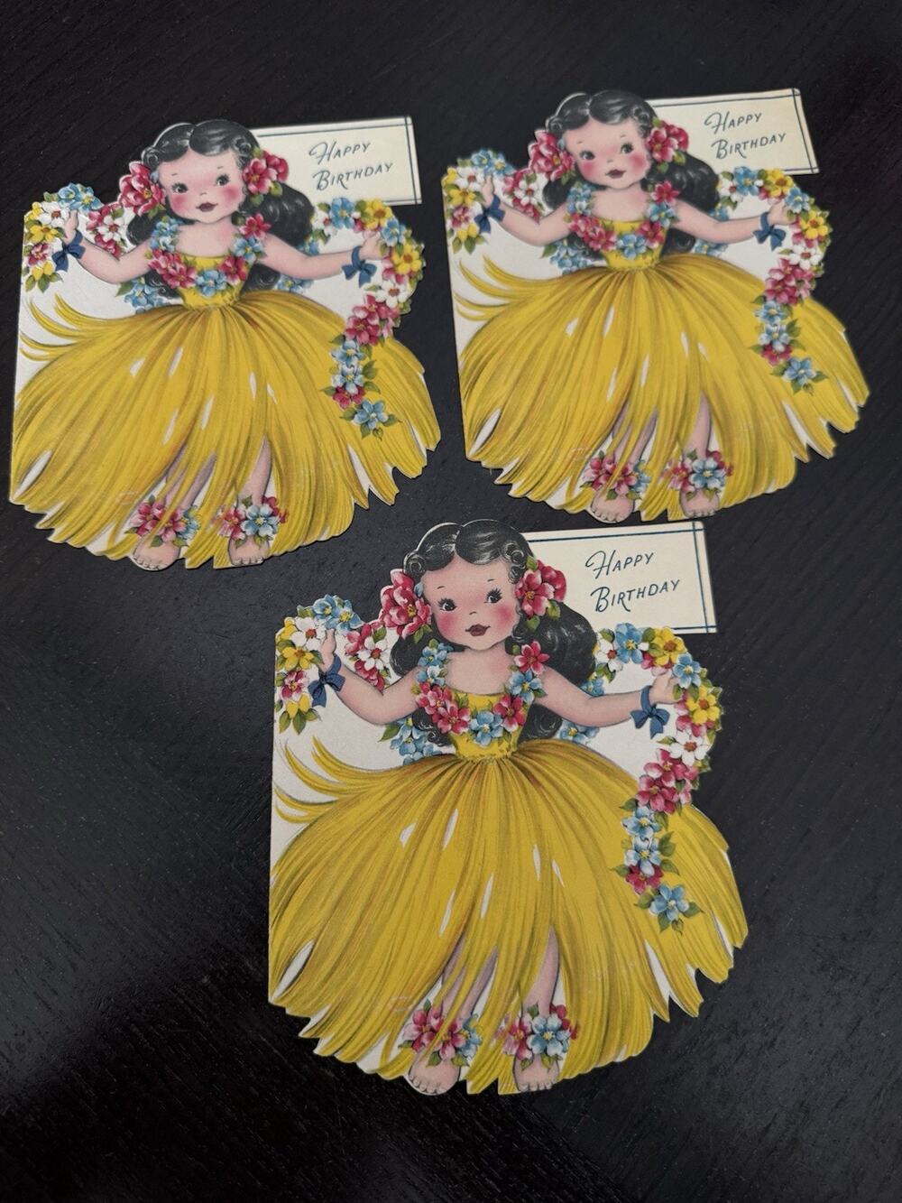 3 HAWAIIAN GIRL DOLL Front & Back 1948 Birthday Greetings Inc Card Signed